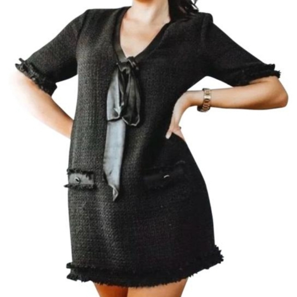 ZARA Tweed Black Mini Fringe Dress w Bow
